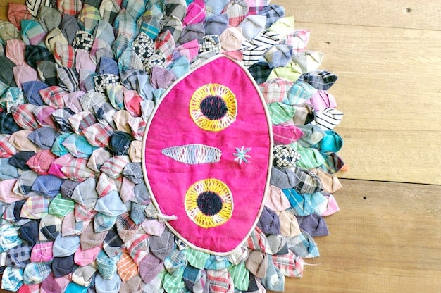 A collage showcasing different fabric swatches with bold geometric prints and abstract floral designs in the key colors of Spring/Summer 2025. The collage includes close-ups of the fabric textures and patterns, highlighting the intricate details and vibrant color combinations.