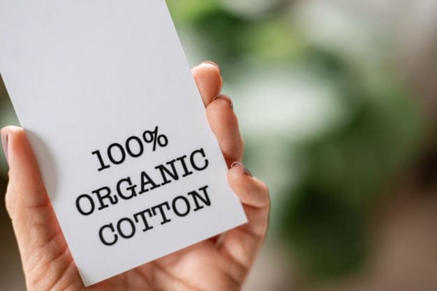 A textile label showing certifications for organic cotton and fair trade practices, attached to a stylish garment in a boutique that specializes in sustainable fashion. The label is clearly visible, emphasizing the brand's commitment to ethical and environmentally friendly production.