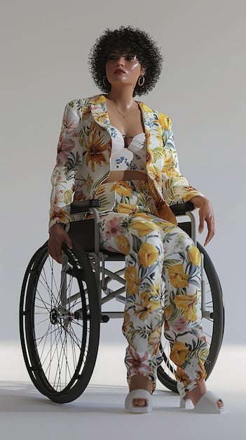 A close-up shot of a dress designed with adaptive features, showcasing accessible closures and comfortable fabrics, being worn by a model in a wheelchair. The setting is a bright, modern studio.
