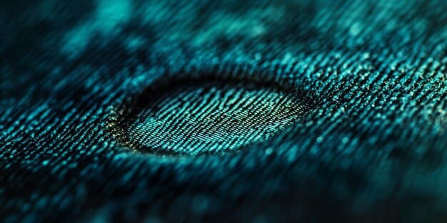 a close-up shot of a smart fabric with embedded sensors, showcasing the intricate network of conductive threads and microchips seamlessly integrated into the material.