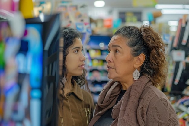 A split-screen image showing two shoppers; on one side, a consumer thoughtfully examining the detailed information on a clothing label, and on the other, a consumer quickly purchasing clothes without reading the labels, illustrating the potential shift in consumer behavior due to the new labeling laws.