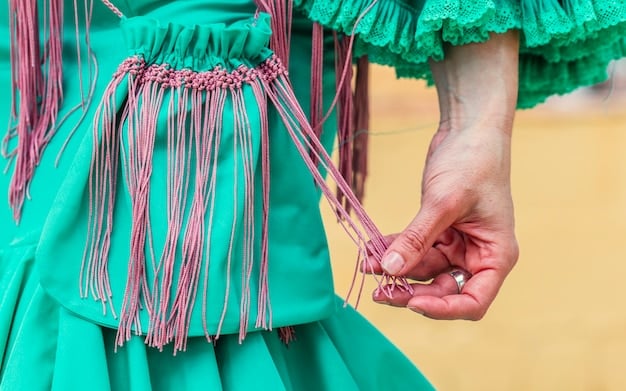 Close-up shot of a person's outfit in Spain, showcasing a mix of traditionally masculine and feminine clothing items combined in a gender-neutral way. The image highlights the textures, fabrics and unique styling elements of the outfit.