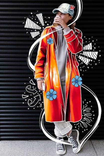 A street-style photograph featuring a person wearing a unique jacket adorned with graffiti-style art made in collaboration between a Spanish fashion brand and a street artist. The jacket should be eye-catching and stand out in the urban environment.