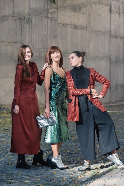Several women wearing outfits that combine retro patterned clothing with modern pieces. One woman is wearing a floral print blouse with high-waisted jeans, another is wearing a mod print mini skirt with a simple black top, and a third is wearing a paisley blazer with tailored trousers. The images showcase diverse styles and body types.