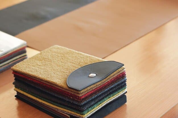 A close-up shot of different fabric swatches laid out on a table, each displaying a unique pattern: floral, geometric, striped, and polka dot. The fabrics are arranged to show how they might be combined, with an emphasis on complementary colors and contrasting patterns. A measuring tape is visible, suggesting the planning and customization involved in styling.