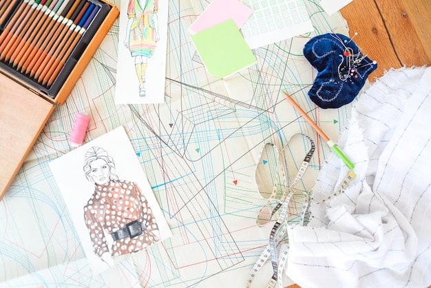 A fashion designer's desk cluttered with colorful sketches, fabric samples, and design tools. The sketches showcase various outfit designs that creatively combine different patterns and textures, such as stripes, florals, and plaids. The overall impression is a workspace of organized chaos where fashion ideas come to life.