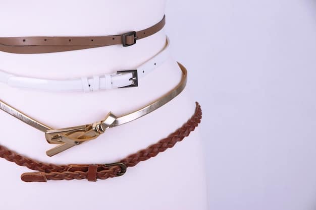 A close-up of different types of belts (leather, fabric, chain) displayed on a table, showing how they can cinch a dress or blouse at the waist to create a more defined silhouette. The focus is on the variety of styles and materials available for waist definition.