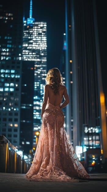 A model wearing a rose gold sequined dress, standing in front of a blurred city skyline at night.