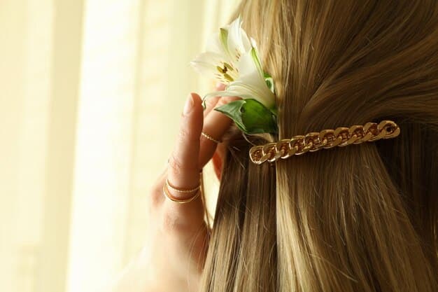 A woman with her hair styled up, showcasing a decorative hair clip or barrette that adds a touch of elegance to her hairstyle. The focus is on the detail and design of the hair accessory.