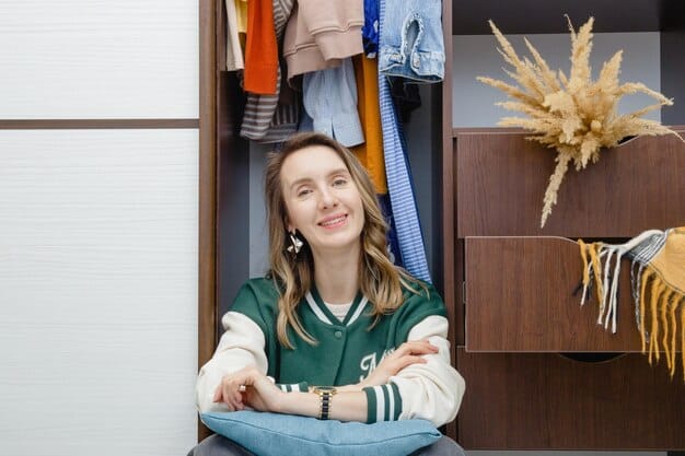 A woman organizing her capsule wardrobe, neatly arranged by color and garment type. She is smiling and appears satisfied with the organization. The clothes are a mix of basics and trendy pieces.
