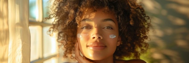 A woman applying sunscreen to her face with a focused expression. The background is blurred, suggesting an outdoor setting with natural light. This aims to highlight the importance of sunscreen.