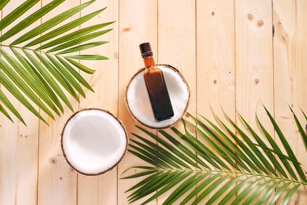 Image showing different natural ingredients for hair care, such as coconut oil, aloe vera, and apple cider vinegar, arranged on a wooden table.
