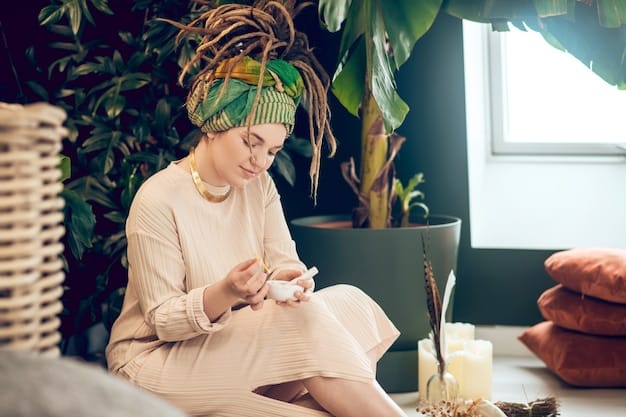 A woman applying a homemade avocado and olive oil hair mask in her bathroom, with a serene and natural atmosphere.