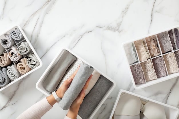 Various closet organization tools and accessories. There are fabric storage boxes, clear plastic drawers, velvet hangers, and hanging organizers for shoes and accessories. These items are neatly arranged on shelves, showcasing their effectiveness in a well-organized space.