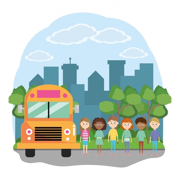 A young boy smiling and standing in front of a school bus, representing discounts in public transportation for large families. The background includes trees and other children