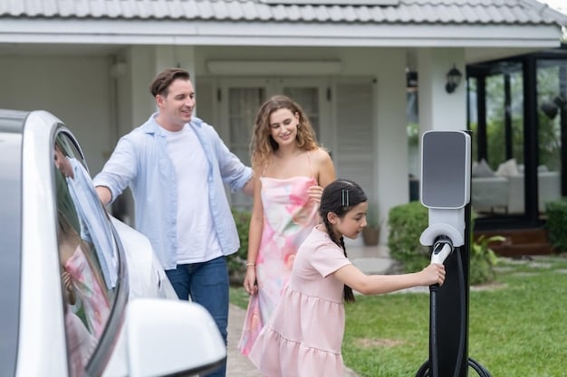 A family happily charging their new electric car in their garage at home.