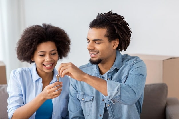 A young couple happily receiving keys to their new apartment from a landlord, symbolizing the joy of finding a home and the responsibilities of renting.