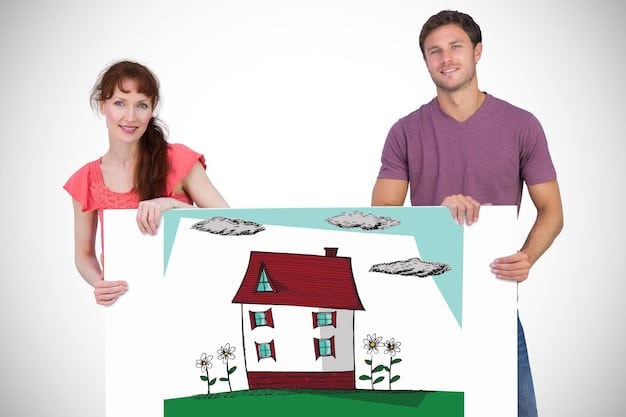 A real estate agent showing a house to a young couple, with a subtle background graph showing a downward trend in housing market activity.