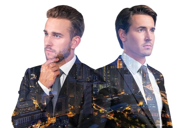 A split image showing the faces of business owners on one side, looking concerned, and low-wage workers on the other side, looking hopeful.