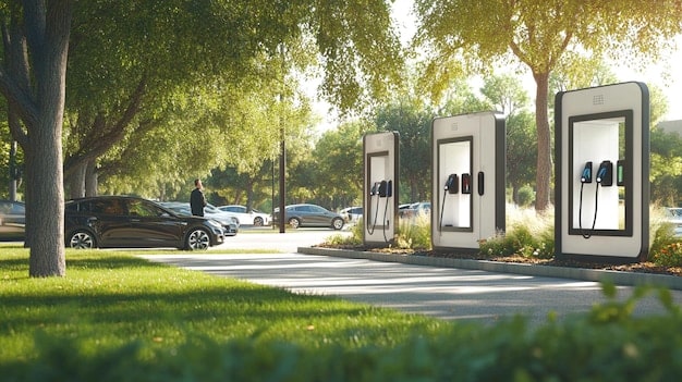 A modern electric vehicle charging station in a bustling Spanish city, showcasing the growth of sustainable transportation infrastructure.