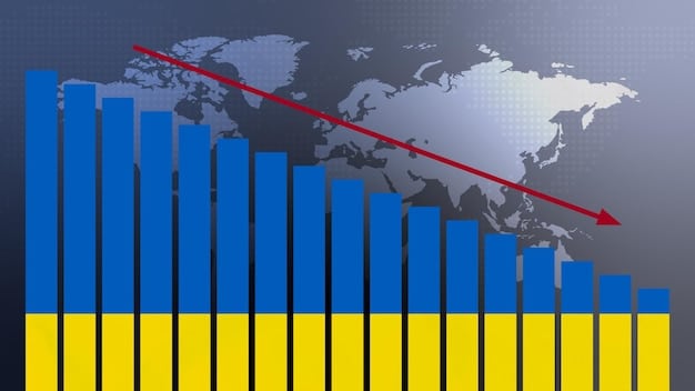 A digital illustration of a graph showing a sharp decline in exports from Spain to Ukraine and Russia, contrasted with a slight increase in exports to Latin American countries.