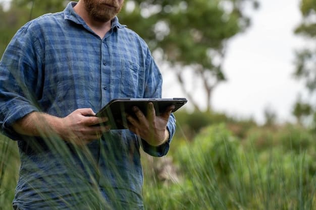 A close-up photo shows a farmer examining a crop in a field. The farmer is using a tablet and appears to be analyzing the data. The background is a lush green field with clear blue skies.