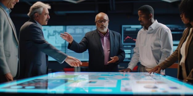 A diverse group of professionals collaborating in a modern office space, with holographic projections displaying AI algorithms and data analytics dashboards. The atmosphere is dynamic and innovative.