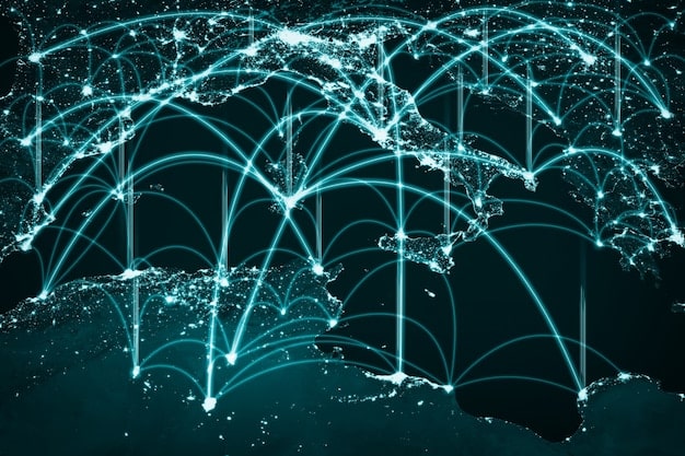 A visualization of data streams flowing through a network, representing the interconnectedness of digital infrastructure and the availability of data for AI algorithms. The design is sleek and modern.