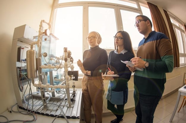 A photograph depicting a group of engineers analyzing alternative materials in a research lab in Spain. The focus is on the innovative approach to finding substitutes, emphasizing sustainable practices. The lighting highlights the technological elements and the collaborative effort.