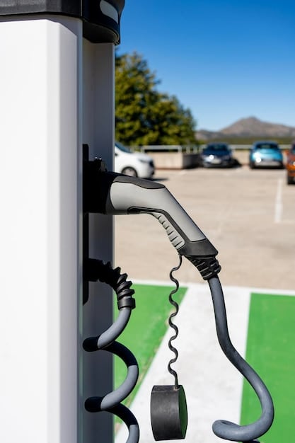 A modern electric car charging at a public charging station in Spain, with a city skyline in the background.