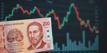 Billete de doscientos pesos mexicanos sobre gráficos económicos que muestran la fluctuación del peso.