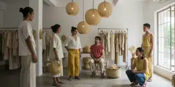 Diseñadores mexicanos trabajando con textiles sostenibles en un estudio de moda moderno.