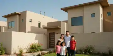 Familia feliz frente a su nueva casa en México, simbolizando el éxito de las ayudas estatales para vivienda 2025