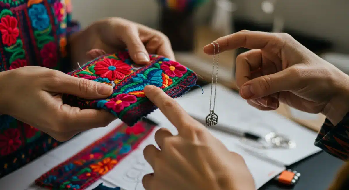 Manos seleccionando telas bordadas mexicanas y joyería moderna, fusionando tradición y vanguardia en el diseño de moda.