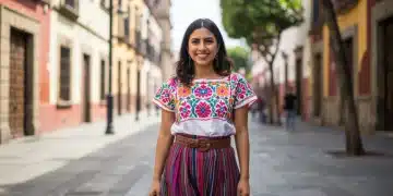 Mujer mexicana con estilo auténtico caminando por la ciudad, combinando elementos tradicionales y modernos.