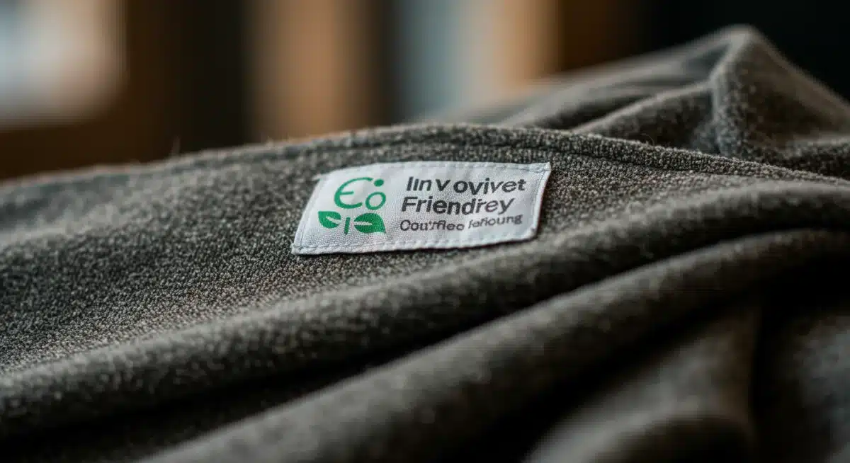 Detalle de una prenda confeccionada con materiales reciclados innovadores y etiquetas ecológicas.