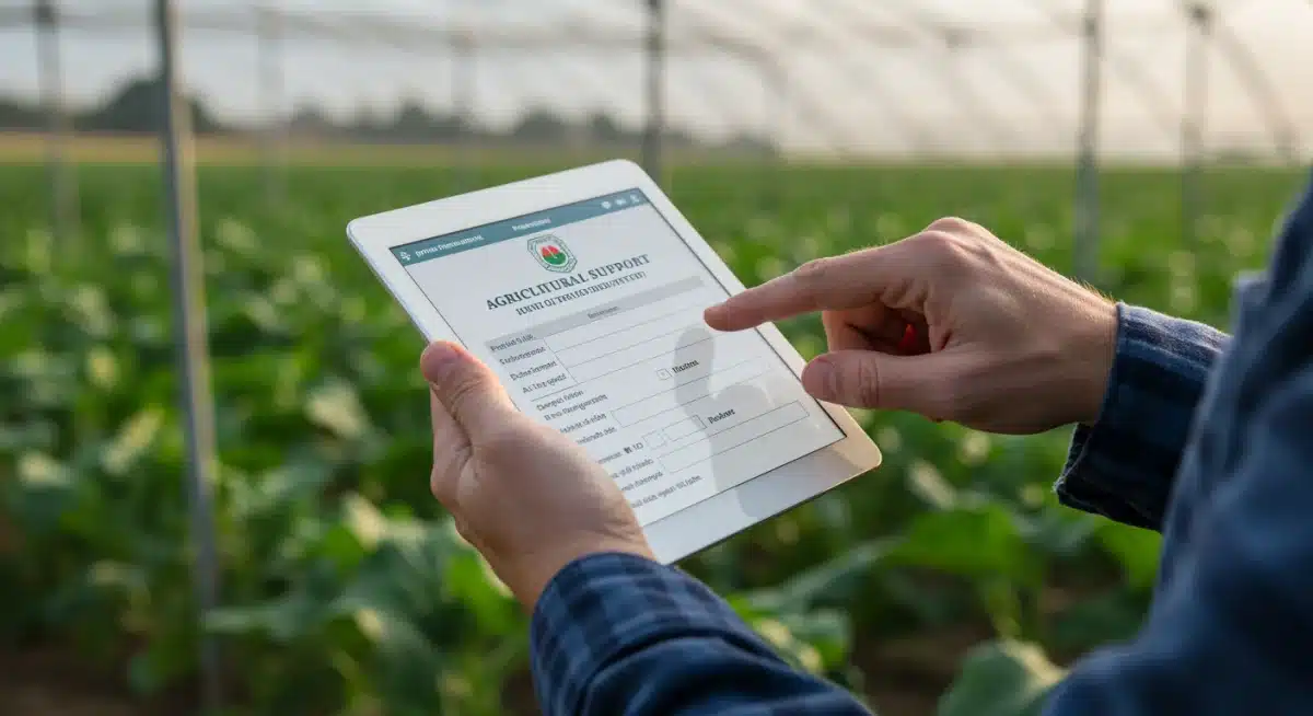 Manos de agricultor utilizando una tableta para solicitar apoyos agrícolas en línea.