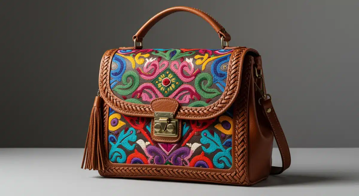Bolso artesanal mexicano con bordados tradicionales y diseño contemporáneo, elaborados con materiales sostenibles.
