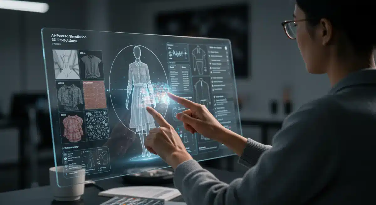 Diseñador utilizando una interfaz holográfica para simular prendas con inteligencia artificial.