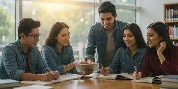 Grupo diverso de estudiantes universitarios mexicanos sonriendo mientras estudian juntos en una biblioteca moderna, representando el apoyo de becas federales.