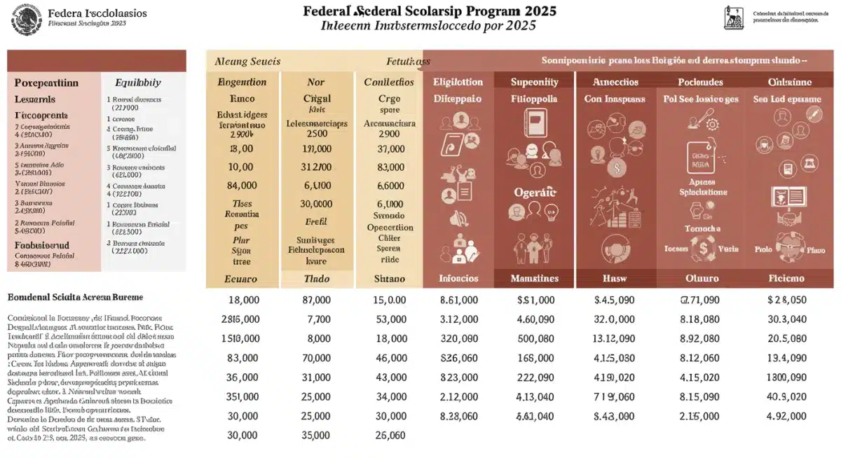 Infografía detallada comparando becas federales en México para 2025, mostrando beneficios, requisitos y montos de apoyo.
