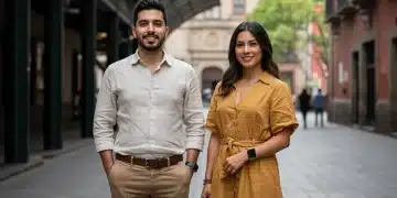 Pareja mexicana con looks versátiles y elegantes en un entorno urbano moderno, reflejando el estilo de vida de 2025.