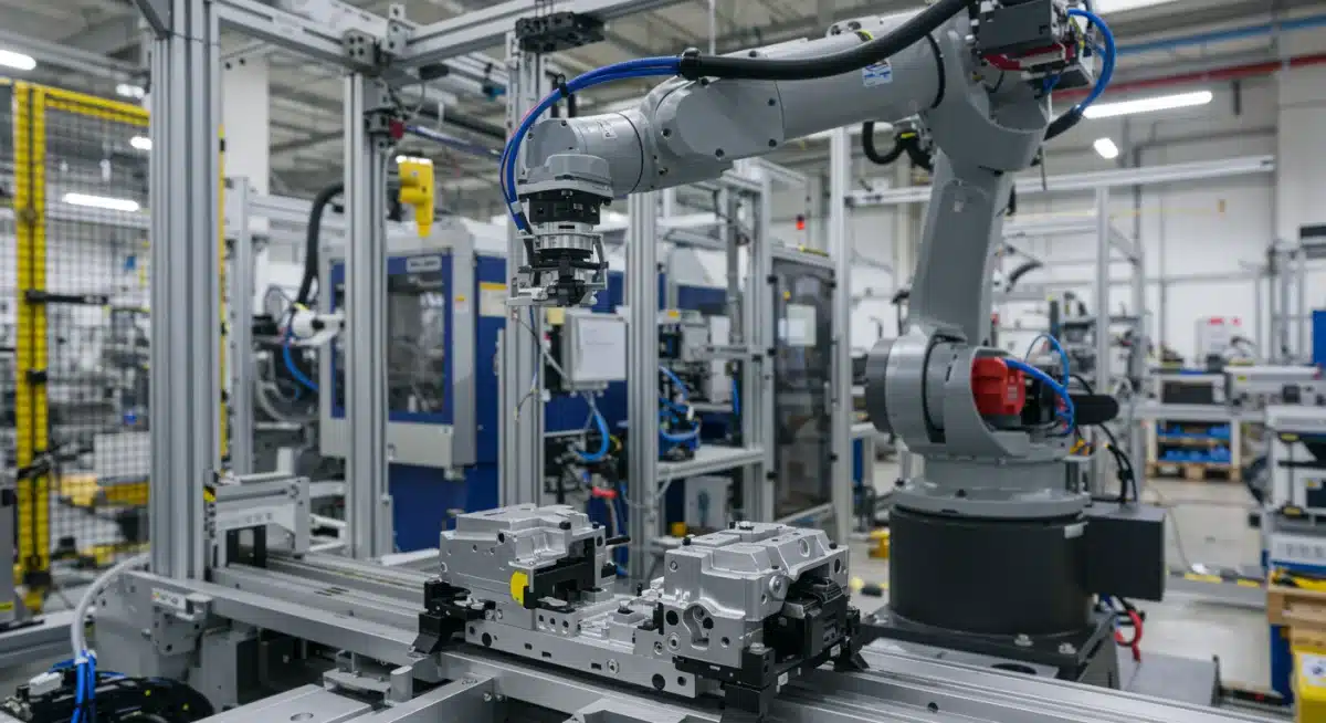 Brazo robótico en una línea de ensamblaje de manufactura avanzada, representando la innovación tecnológica en las exportaciones mexicanas.