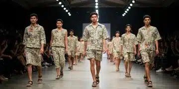 Modelos desfilando diseños innovadores de marcas mexicanas emergentes en una pasarela vibrante.