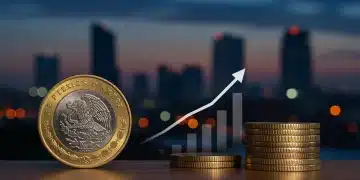 Moneda de peso mexicano con gráfico ascendente, simbolizando el aumento del salario mínimo en México para 2025 y su impacto económico.
