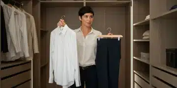 Mujer joven combinando prendas básicas en un armario minimalista y elegante para 2025.