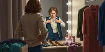 Mujer ajustándose ropa que no le queda bien, mostrando frustración en un vestidor moderno.