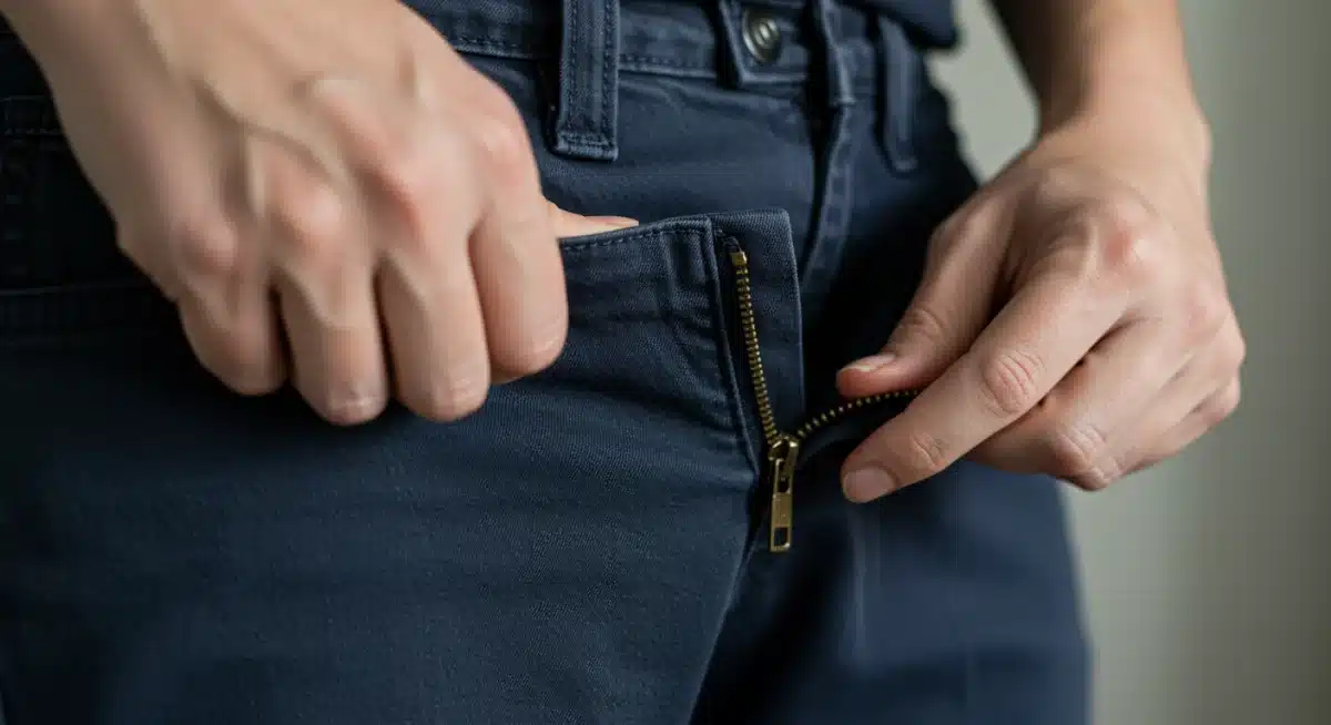 Manos intentando cerrar unos pantalones demasiado ajustados, mostrando la tensión de la tela.