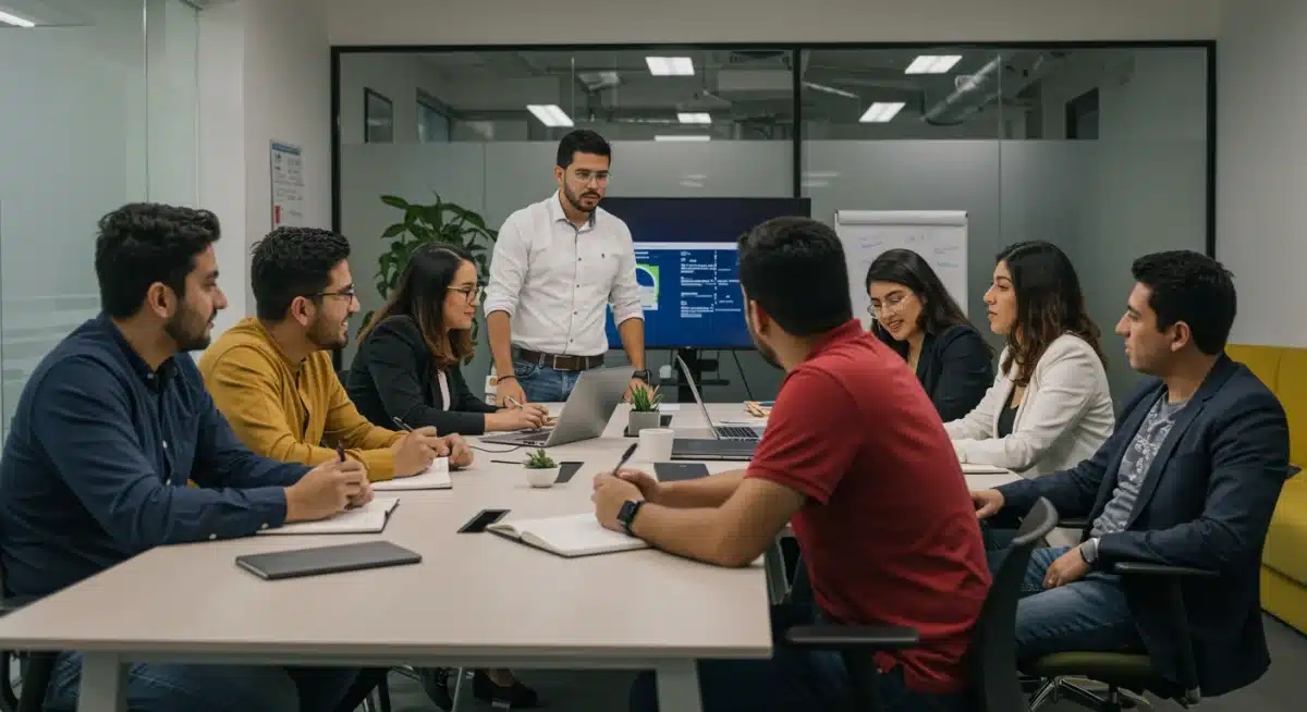 Grupo diverso de profesionales mexicanos en una reunión colaborativa, vestidos con atuendos de negocios casuales y modernos.