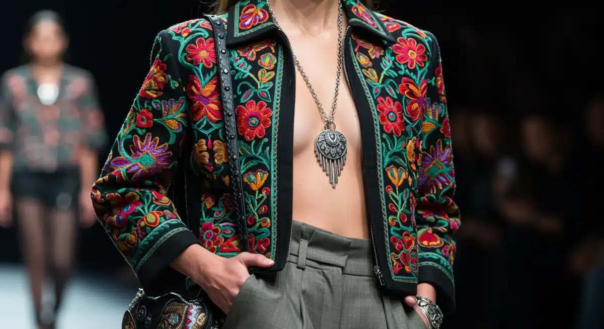 Detalle de prenda urbana con bordados tradicionales mexicanos, mezclando herencia cultural con diseño contemporáneo.